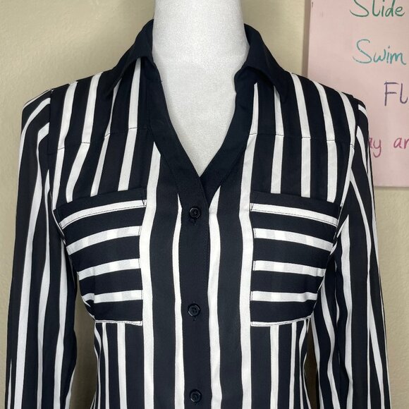 Express Women's Portofino Black White Striped Shirt Dress Roll Tab Sleeve XS - Picture 2 of 16